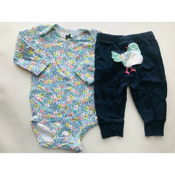 Girl's Size 3 M 0-3 Months 2 Pc Carter's Floral L/S Top, Matching Bird Leggings - Picture 1 of 7